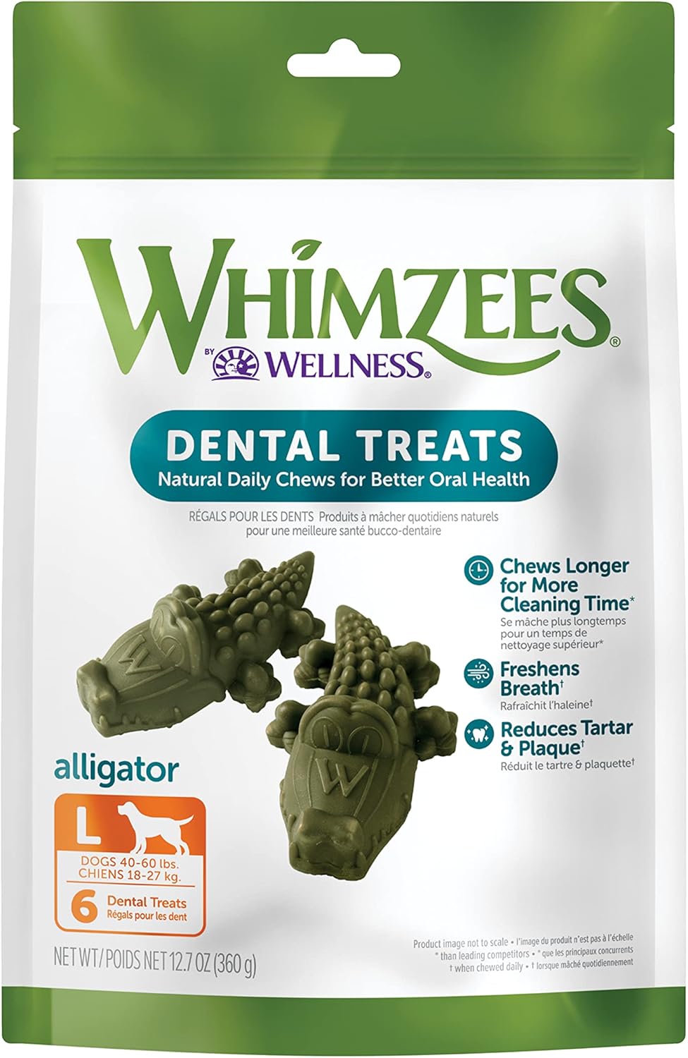 Whimzees By Wellness Alligator Natural Dental Chews For Dogs, Long Lasting Treats, Grain-Free, Freshens Breath, Large Breed, 6 Count