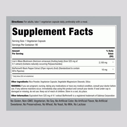 Piping Rock Lions Mane Supplement Capsules | 2100mg | 90 Count | Mushroom Herbal Extract | Hericium Erinaceus | Vegetarian, Non-GMO, Gluten Free