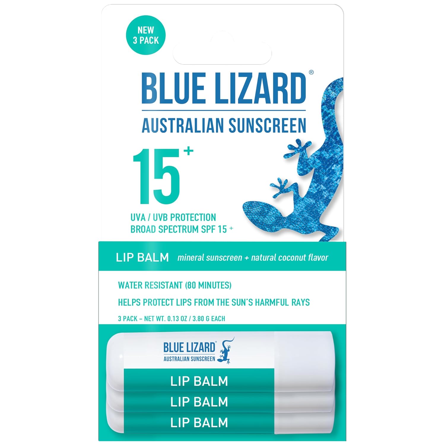 3-Pack Blue Lizard Mineral Spf 15 Lip Balm: Broad Spectrum Sun Protection, Natural Coconut Flavor, 8 Natural Oils, Infused With Australian Kakadu Plum, Rich In Vitamin C, Vegan, Each Tube 0.13 Oz