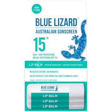 3-Pack Blue Lizard Mineral Spf 15 Lip Balm: Broad Spectrum Sun Protection, Natural Coconut Flavor, 8 Natural Oils, Infused With Australian Kakadu Plum, Rich In Vitamin C, Vegan, Each Tube 0.13 Oz