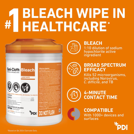 Sani-Cloth Bleach Disposable Wipes, Full Case, Hospital-Grade Surface Disinfecting Wipes For Healthcare And Bathroom, Large Wipe, 6" X 10.5", 75 Wipes Per Canister, 12 Canisters Total, 900 Total Wipes