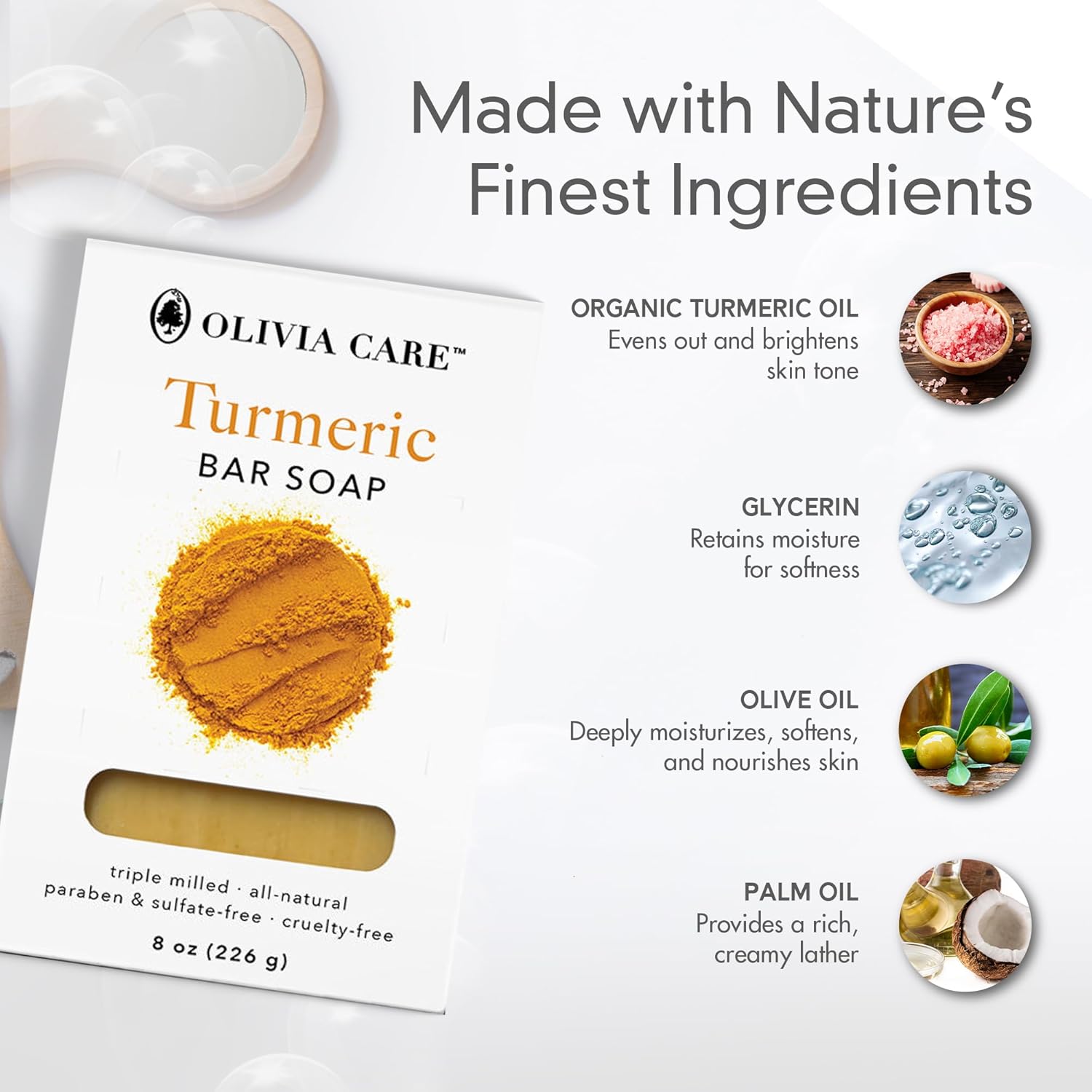 Olivia Care Turmeric Bar Soap -Natural, Vegan & Organic - For Face & Body Exfoliate, Hydrate, Moisturize & Deep Clean - Triple-Milled - Infused With Antioxidants - 8 Oz : Beauty & Personal Care