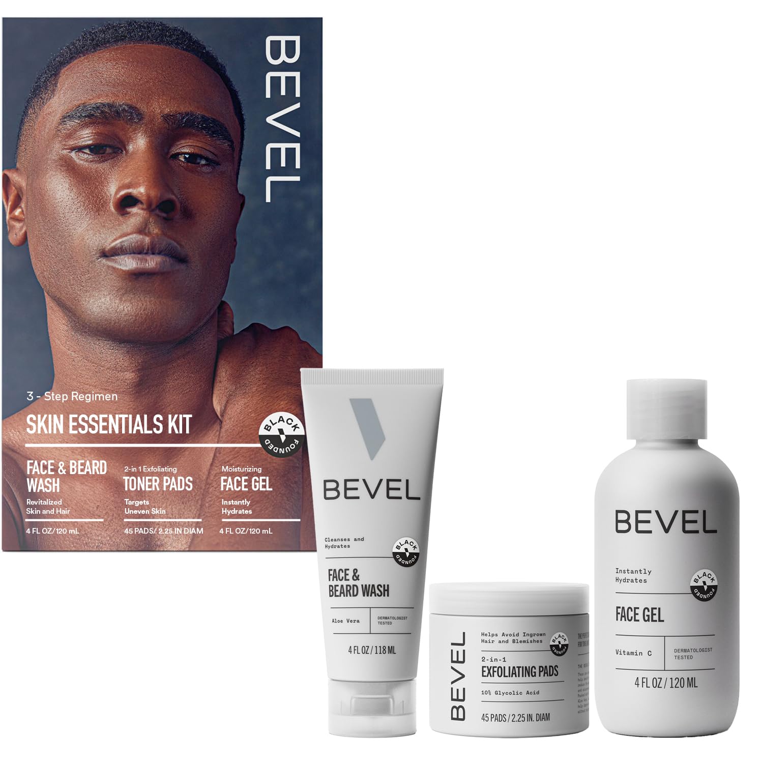 Bevel Skin Care Set - Includes Face Wash with Aloe Vera, Glycolic Acid Exfoliating Pads, Lightweight Face Moisturizer, Helps Treat Blemishes, Bumps and Discoloration (Packaging May Vary)
