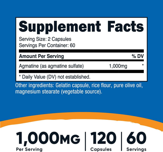 Nutricost Agmatine Sulfate 1000mg, 120 Capsules - Gluten Free, Non GMO, 500mg Per Capsule