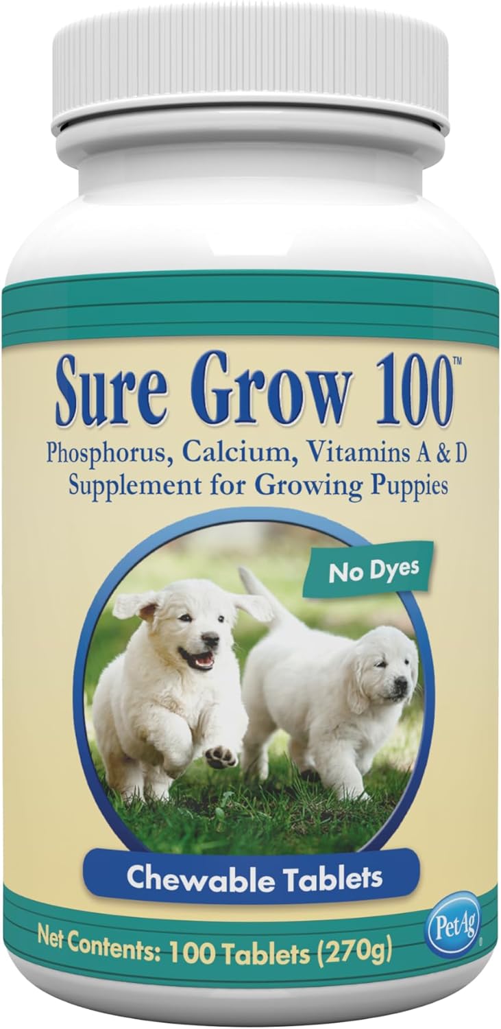 Pet-Ag Sure Grow 100 - Promotes Optimal Bone Development In Puppies Eight Weeks And Older - With Calcium, Phosphorus, And Vitamins A & D - 100 Chewable Tablets