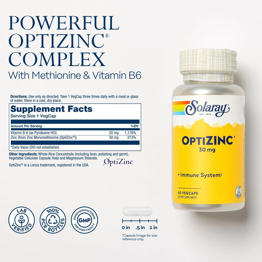 Solaray Optizinc 30Mg Immune Support Supplement, Chelated Zinc Capsules, Endocrine Systems And Cellular Health Support, With Methionine, Vitamin B6 And No Copper, 60-Day Guarantee, 60 Serv, 60 Vegcaps