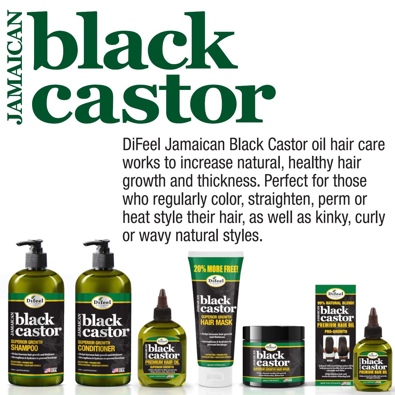 Difeel Jamaican Black Castor Superior Growth 3-PC Hair Care Set - Includes 12 oz Shampoo, 12 oz Hair Mask & 2.5 oz. Root Stimulator : Beauty & Personal Care