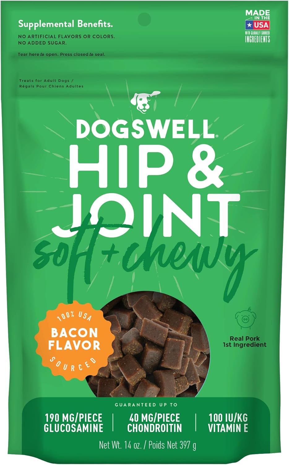 Dogswell Hip & Joint Soft & Chewy Dog Treats, Bacon, 14 Oz. Pouch