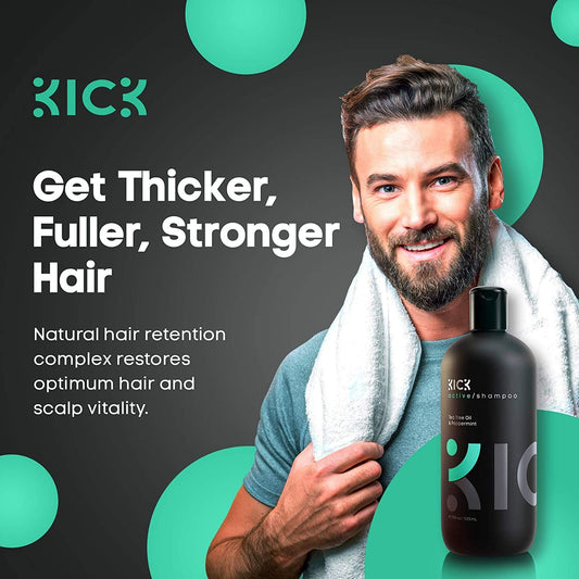 Kick Mens Shampoo - 17Oz (509 Ml), Sulfate Free, Peppermint And Tea Tree Oil, Anti Hair Loss, Dry Scalp, Natural Anti Dandruff For Thinning, Aloe Vera, Rosemary, Eucalyptus, Cruelty-Free