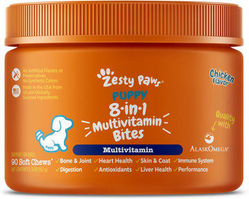 Zesty Paws Multivitamin Treats For Dogs - Glucosamine Chondroitin For Joint Support + Digestive Enzymes & Probiotics - Grain Free Dog Vitamin For Skin & Coat + Immune Health - Puppy - 90 Count