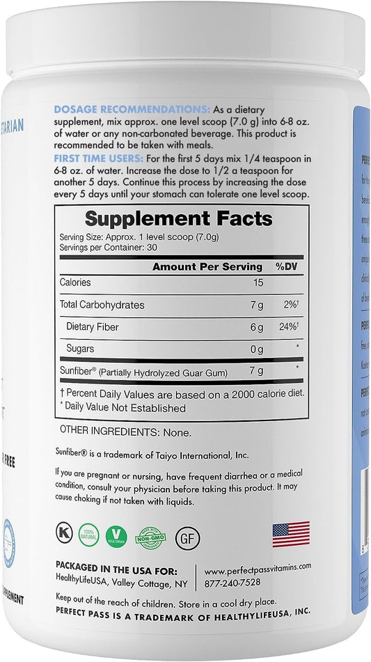 PERFECT PASS Prebiotic PHGG Partially Hydrolyzed Guar Gum 210g Powder - 100% Natural Gluten Free Non GMO - Certified Kosher Vegetarian Sugar Free