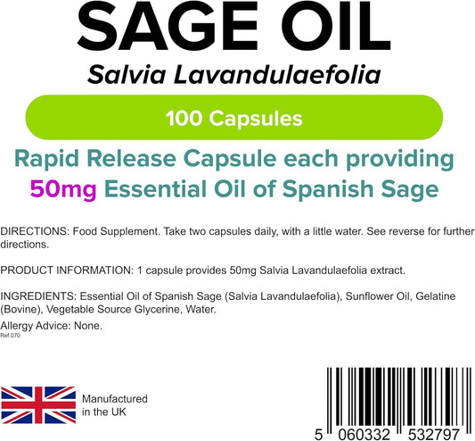 Lindens - Sage Essential Oil 50Mg - 100 Softgel Capsules - Uk Made - Popular Food Supplement For Women During Menopause - Free From Thujone - Letterbox Friendly