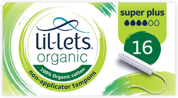 Lil-Lets Organic Non-Applicator Super Plus Tampons, 16 Count (Pack of 1), for Heavy Flow, Made with 100% Organic Cotton, GOTS Certified Vegan Organic Tampons, Plastic Free Period Care