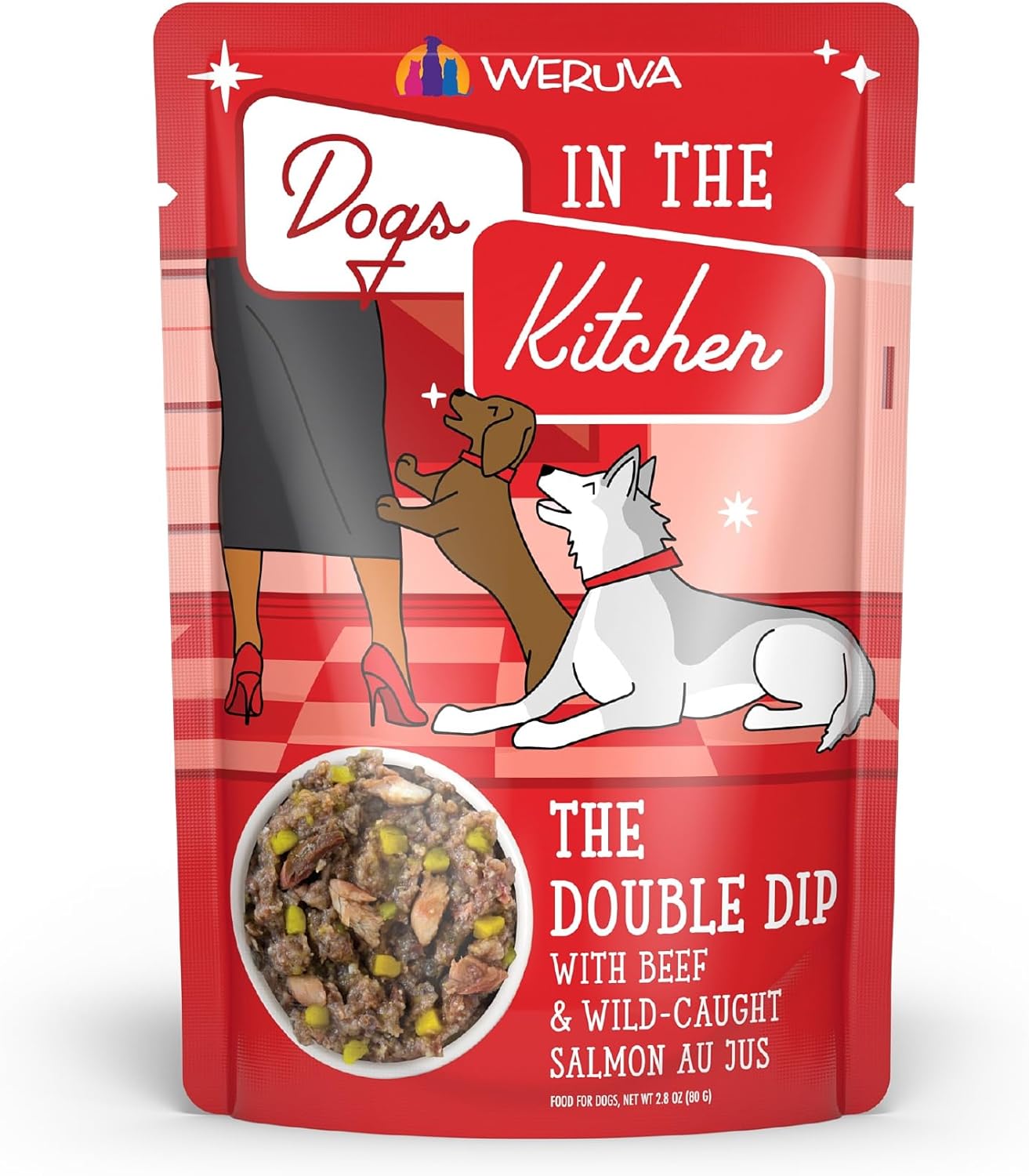 Weruva Dogs In The Kitchen, The Double Dip With Beef & Wild-Caught Salmon Au Jus Dog Food, 2.8Oz Pouch (Pack Of 12), Red