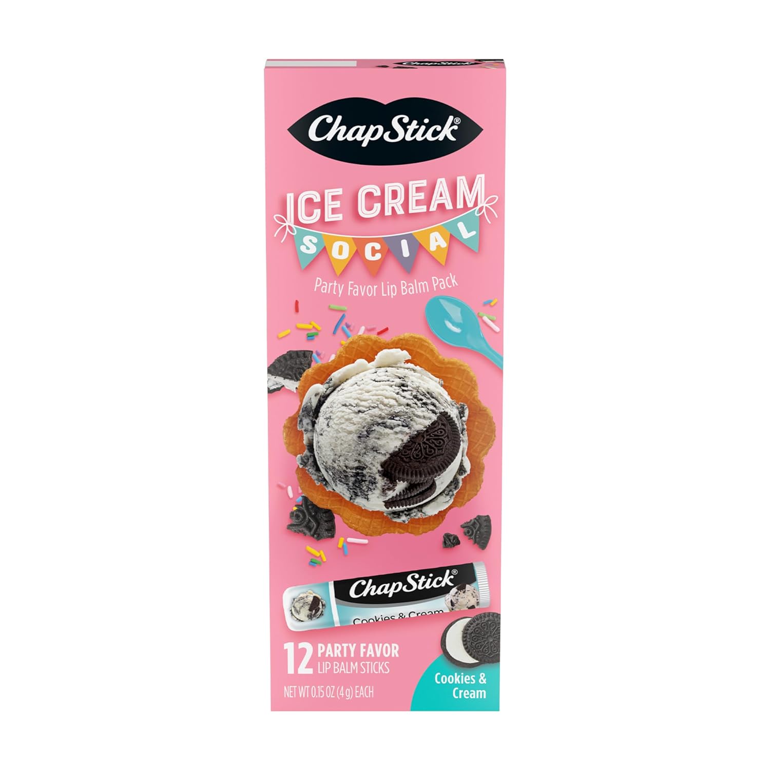 Chapstick Ice Cream Social, Party Favor Lip Balm Pack - Cookies & Cream - 0.15 Oz X 12 Sticks