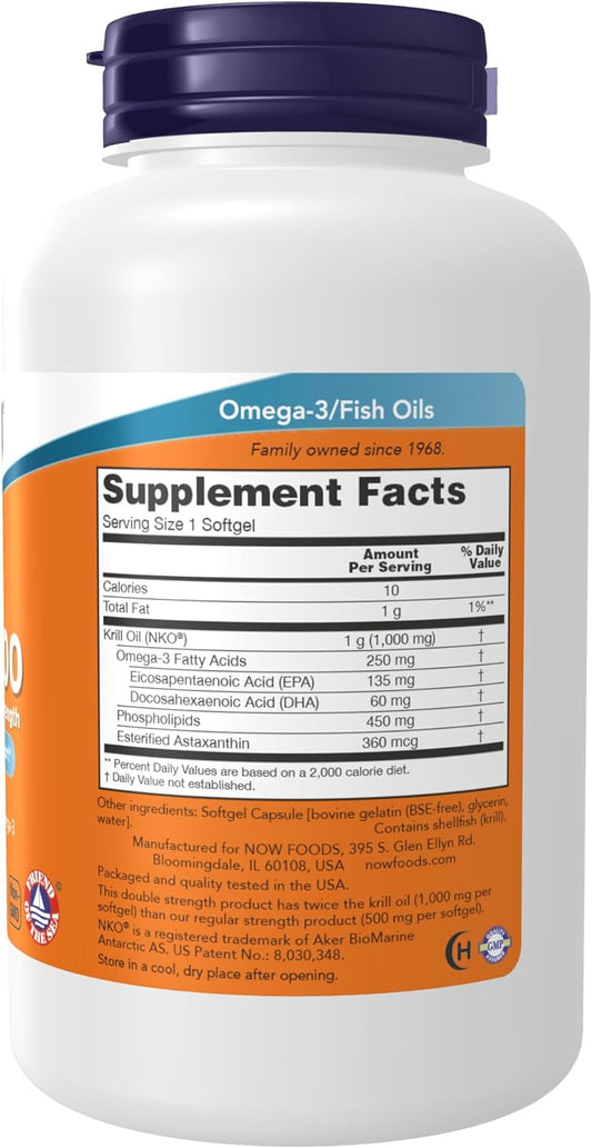 NOW Supplements, Neptune Krill, Double Strength 1000 mg, Phospholipid-Bound Omega-3, 120 Softgels