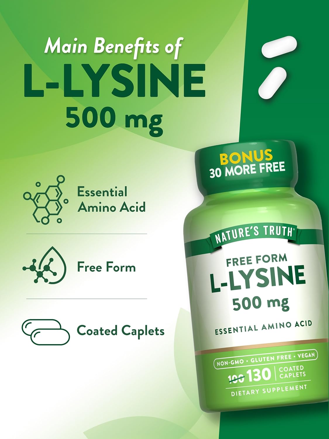 Nature's Truth L-Lysine 500mg | 130 Caplets | Free Form | Essential Amino Acid | Non-GMO & Gluten Free Supplement : Health & Household