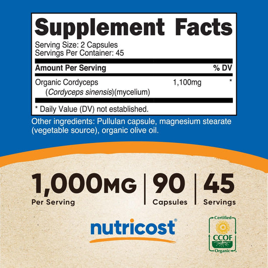Nutricost Cordyceps Mushroom Capsules 1100mg, 45 Serv - CCOF Certified Made with Organic, Vegetarian, Gluten Free, 550mg Per Capsule (90 Capsules)