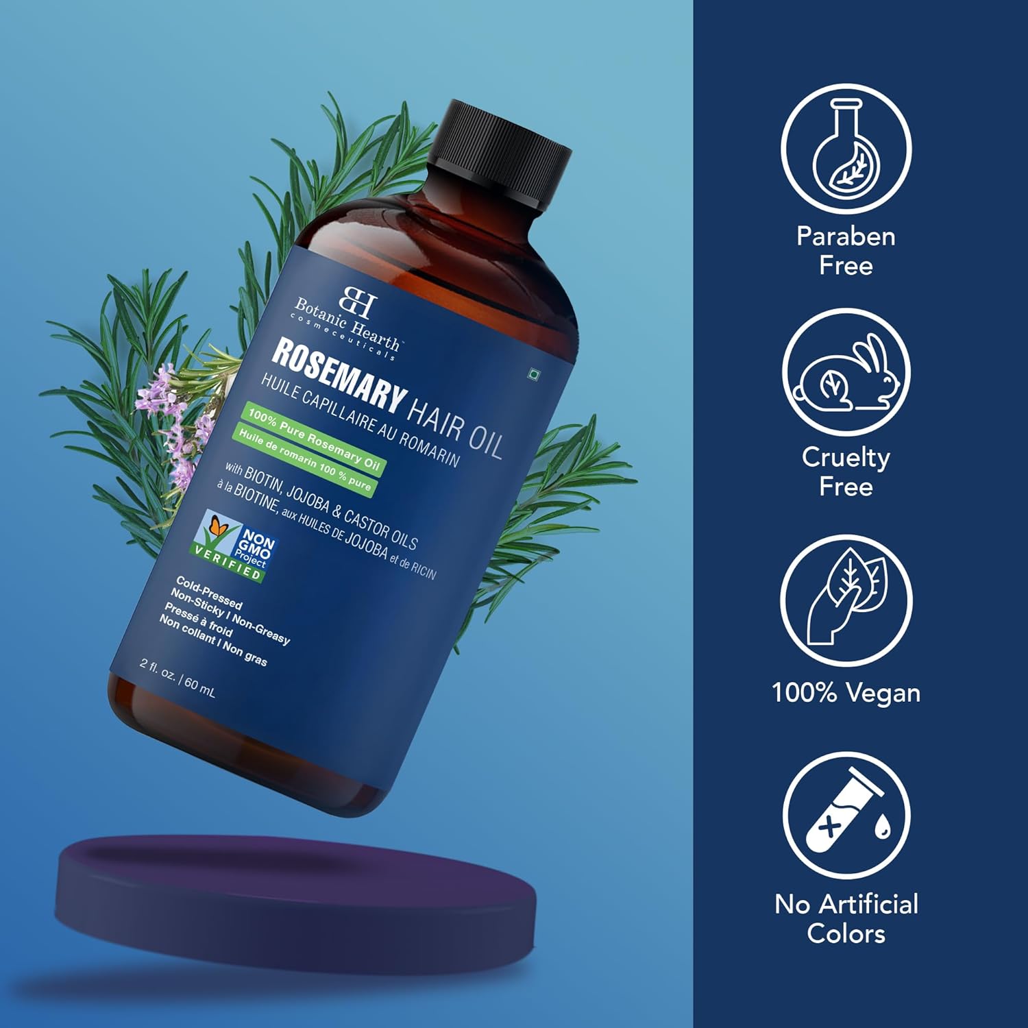 Botanic Hearth 100% Pure Rosemary Oil For Hair (2 Fl Oz) Infused With Biotin, Jojoba & Castor Oil | Hair Strengthening Treatment | Nourishing & Volumizing | Non Gmo Verified | With Applicators : Beauty & Personal Care