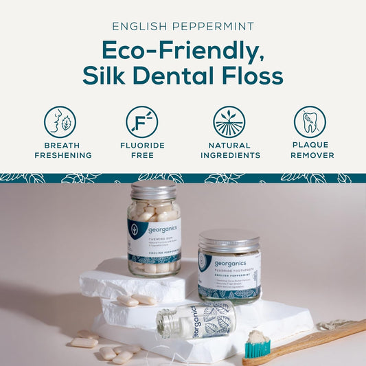 Georganics Plastic-Free Natural Dental Floss - Biodegradable Silk Floss - Vegan & Cruelty-Free - English Peppermint Flavour - Fluoride-Free Oral Health - Eco-Friendly Refillable Floss - 30M Length