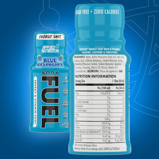 Applied Nutrition Bodyfuel Energy Shot - Body Fuel Prime Energy Shot, Physical Performance With B-Vitamins, Taurine, Caffeine, Sugar Free, Zero Calories (Box 12 Units X 60Ml) (Blue Raspberry)