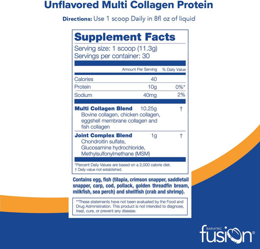 Bariatric Fusion Unflavored Multi Collagen Protein Powder | Hydrolyzed Collagen Peptides Powder Plus Joint Support Complex Of Msm And Glucosamine | Type 2 | Dairy, Gluten & Soy Free | 30 Servings