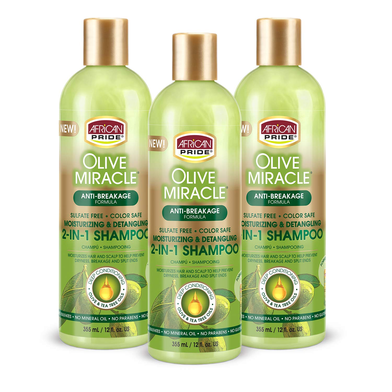 African Pride Olive Miracle Shampoo & Conditioner 2 in1 Formula (3 Pack) enriched with tea tree and olive oil to moisturize and protect hair and scalp, 12oz