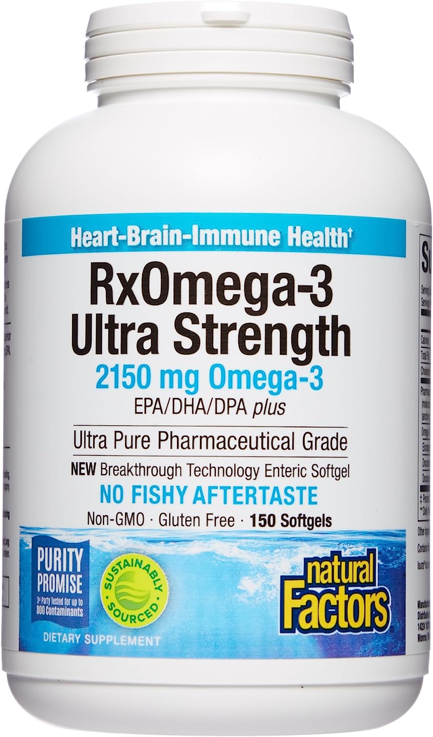 Natural Factors, Ultra Strength RxOmega-3 Fish Oil, High Potency Formula, 2,150 mg Omega-3 Per Serving, No Fishy Aftertaste, 150 Softgels