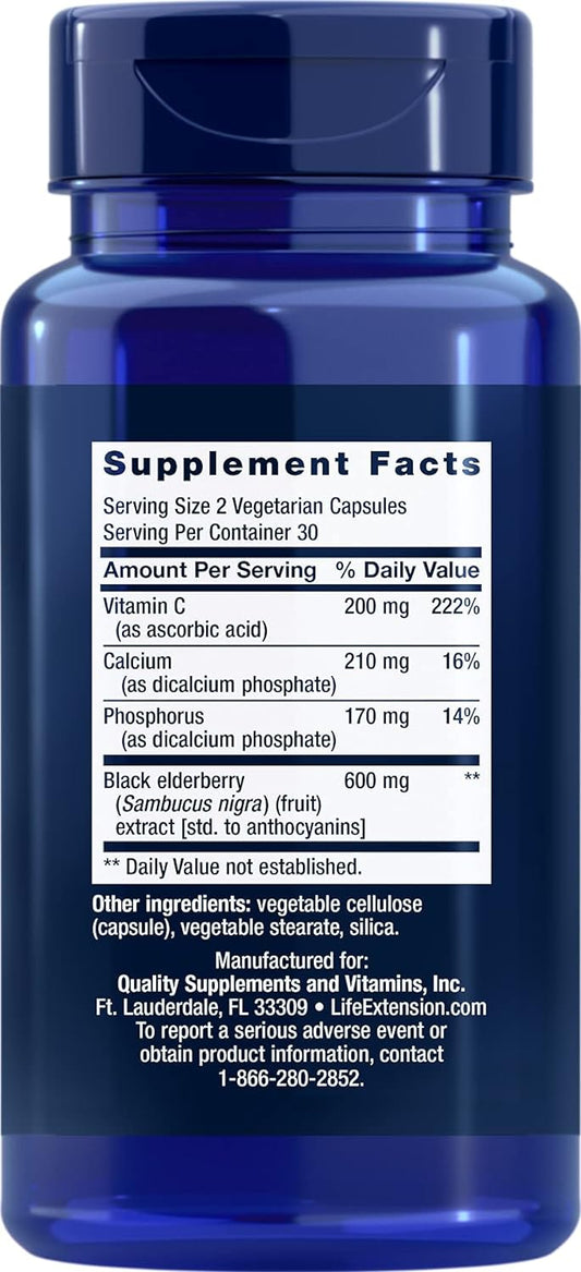 Life Extension Black Elderberry + Vitamin C - Immune System Support, Gluten-Free, Non-GMO - 60 Vegetarian Capsules