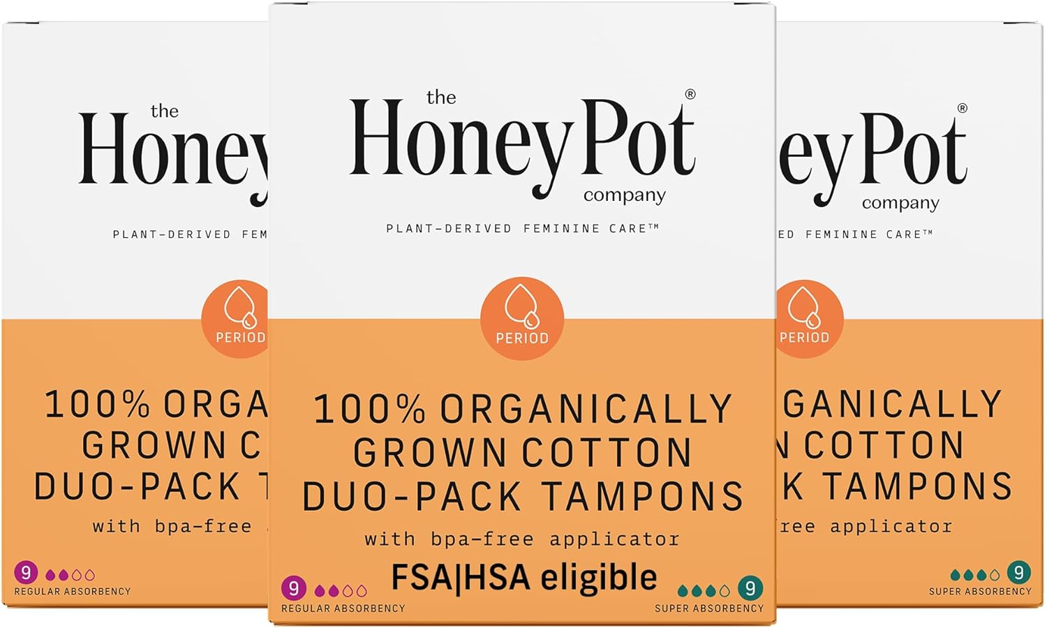 The Honey Pot Company - Duo Pack Organic Tampons W/Bio Plastic Applicator - Feminine Menstrual Products – Natural, Plant-Based - Regular & Super Absorbency Unscented Tampons - 18 Count - Pack Of 3