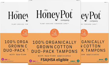 The Honey Pot Company - Duo Pack Organic Tampons W/Bio Plastic Applicator - Feminine Menstrual Products – Natural, Plant-Based - Regular & Super Absorbency Unscented Tampons - 18 Count - Pack Of 3