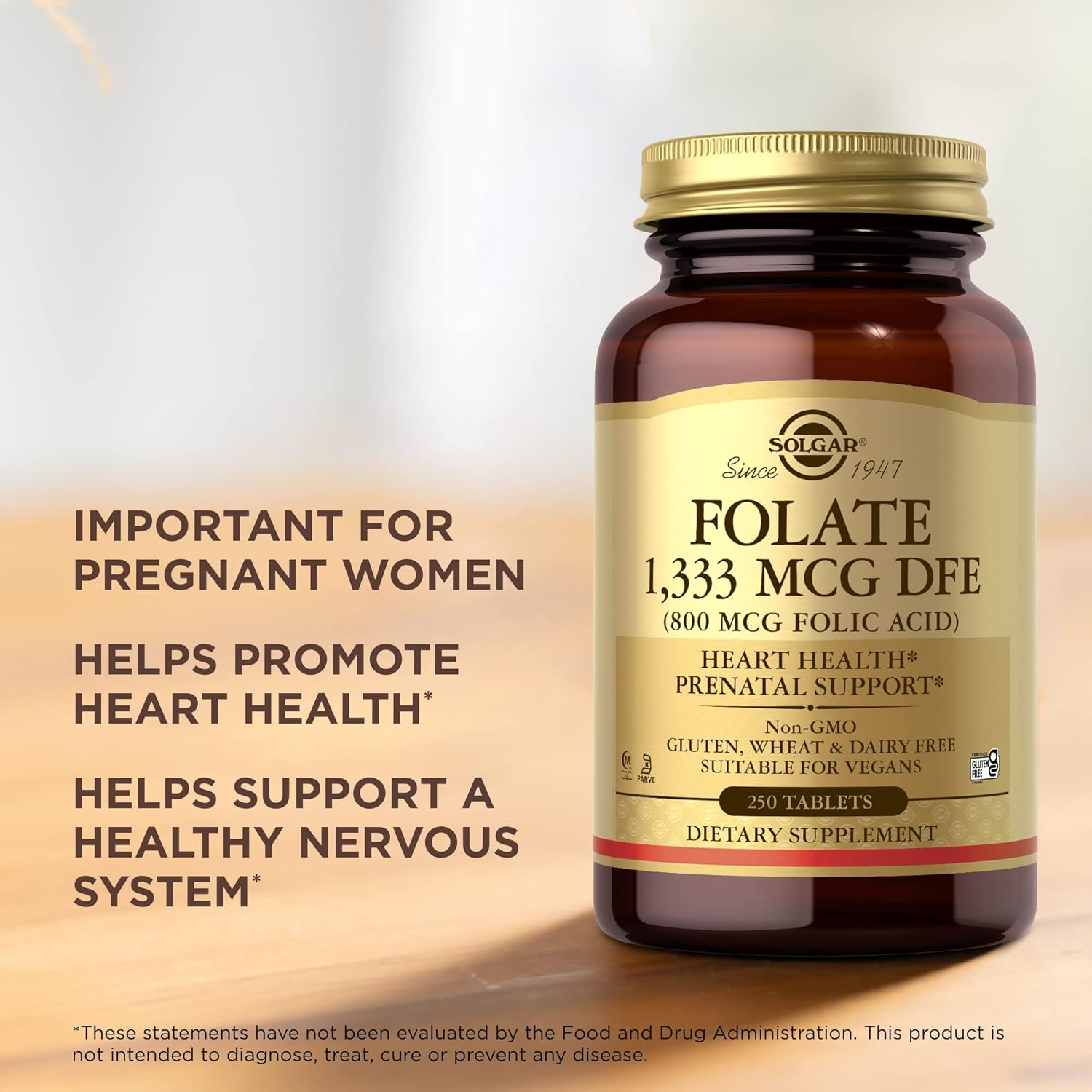 Solgar Folate 1,333 Mcg Dfe (800 Mcg Folic Acid) - 250 Tablets, Pack Of 2 - Heart Health, Prenatal Support - Non-Gmo, Vegan, Gluten Free, Dairy Free, Kosher - 500 Total Servings