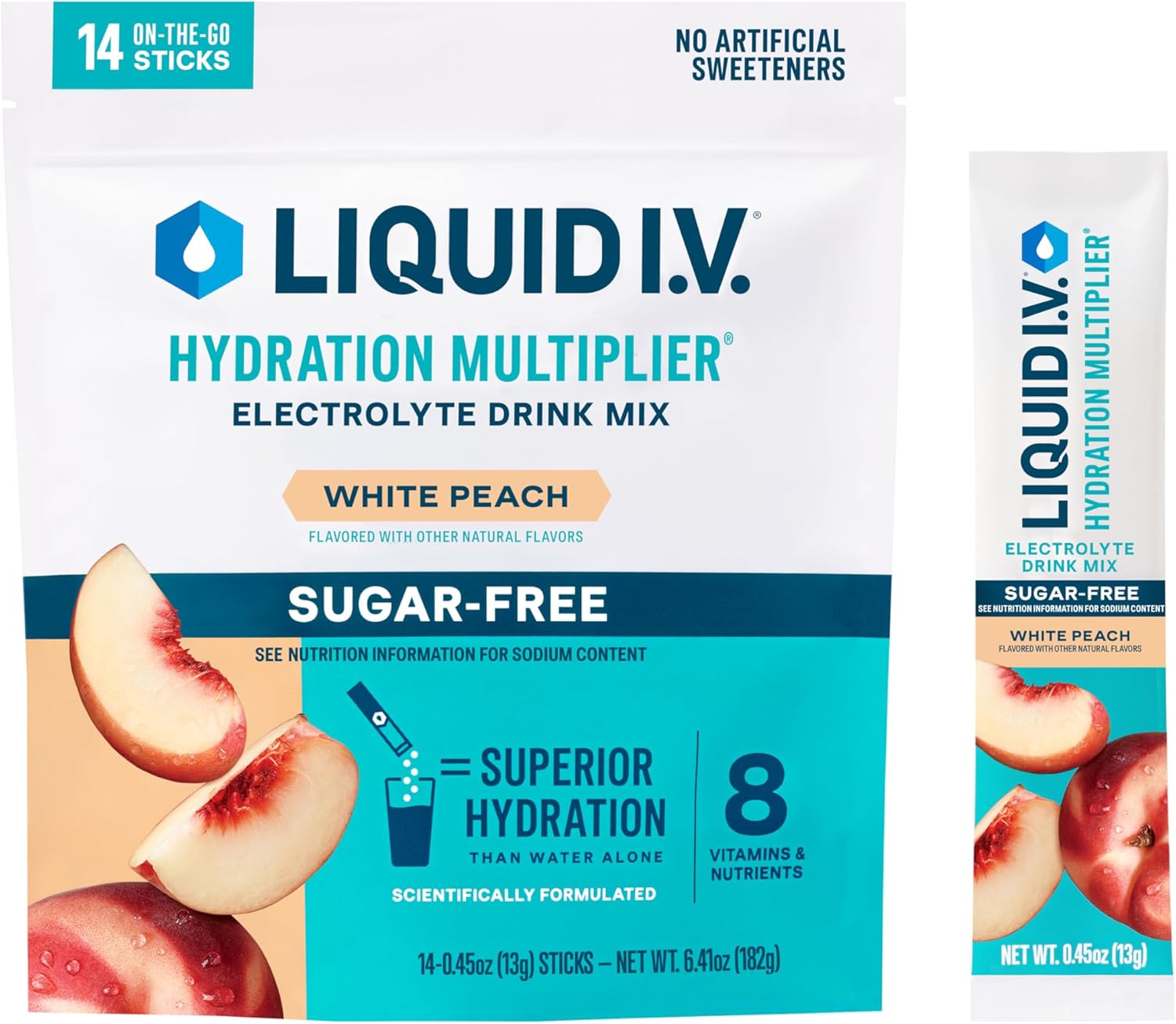 Liquid I.V.® Hydration Multiplier® Sugar-Free - White Peach - Hydration Powder Packets | Electrolyte Powder Drink Mix | Convenient Single-Serving Sticks | Non-Gmo | 14 Servings (Pack Of 1)