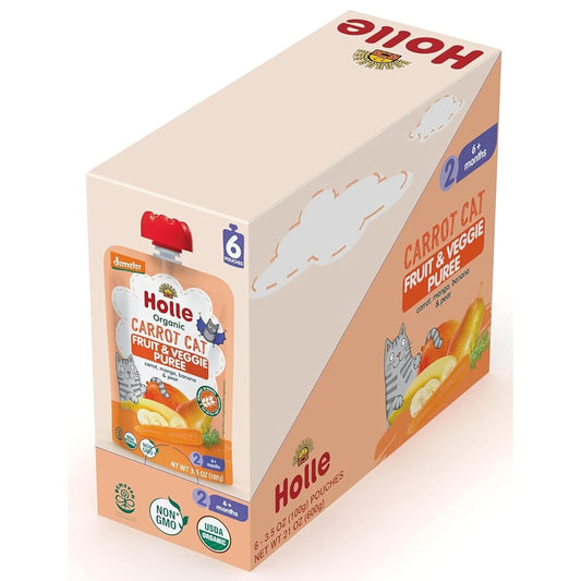 Holle Organic Baby Food Pouches - Carrot Cat Baby Puree with Carrot, Mango, Banana & Pear - (6 Pack) Organic Baby Snacks + Fruit and Veggie Pouches for Weaning Babies 6 Months and Older