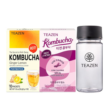 Teazen Kombucha Ginger Lemon, Mulled Wine Flavor 2 Pack With Classic Eco Bottle (Kombucha Powder 20 Sticks, Eco Bottle 1Ea X 11.8Oz)