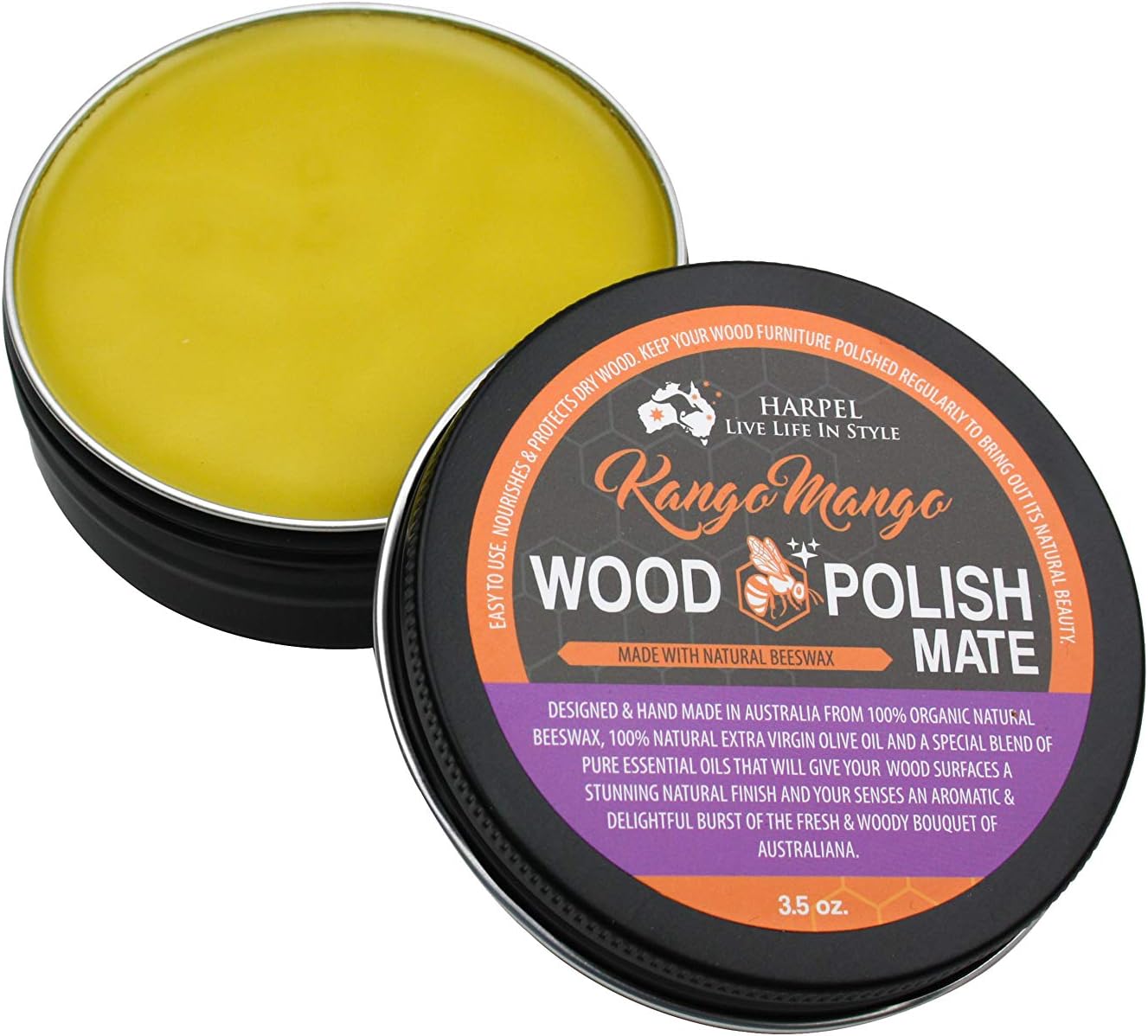 HARPEL Kango Mango Wood Polish-Mate, Natural Wood Polish with Beeswax. Nourishes & Protects All Natural Wood. All Australian, Free from Petroleum, Chemicals & toxins