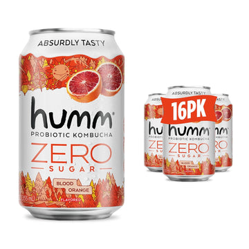 Humm Probiotic Kombucha Zero Sugar Blood Orange, No Refrigeration Needed, Keto Friendly, Organic, Vegan, Gluten Free, 12Oz Cans (16 Pack)