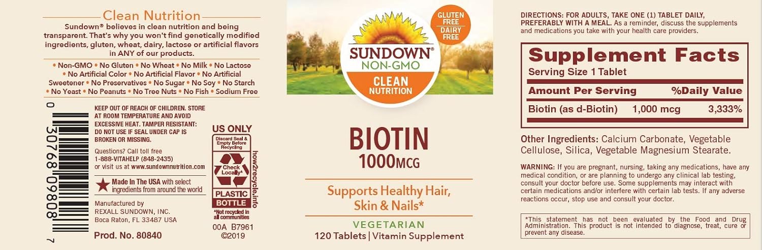 Sundown Biotin 1000 mcg, 120 Tablets (Pack of 3)