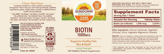 Sundown Biotin 1000 mcg, 120 Tablets (Pack of 3)