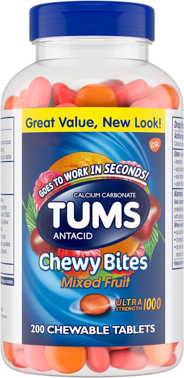 Tums Chewy Bites Chewable Antacid Tablets For Ultra Strength Heartburn Relief, Great For A Summer Bbq- Mixed Fruit - 200 Count