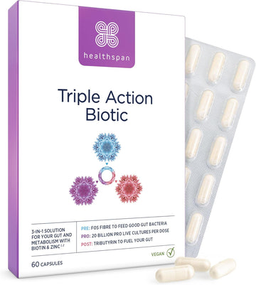 Healthspan Triple Action Biotic | Optimal Gut & Digestion Support | Pre, Pro & Post Gut Health | Chicory Root Fibre | 20 Billion Probiotic Bacteria | Plus Tributyrin | Added Biotin & Zinc | Vegan