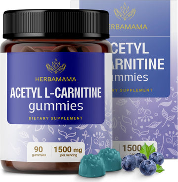 Herbamama Acetyl L-Carnitine Energy Gummies - 1500 Mg Alcar Energy Support Supplements For Women And Men - Vegan, Gelatin-Free, Non-Gmo - 60 Blueberry-Flavored Chews