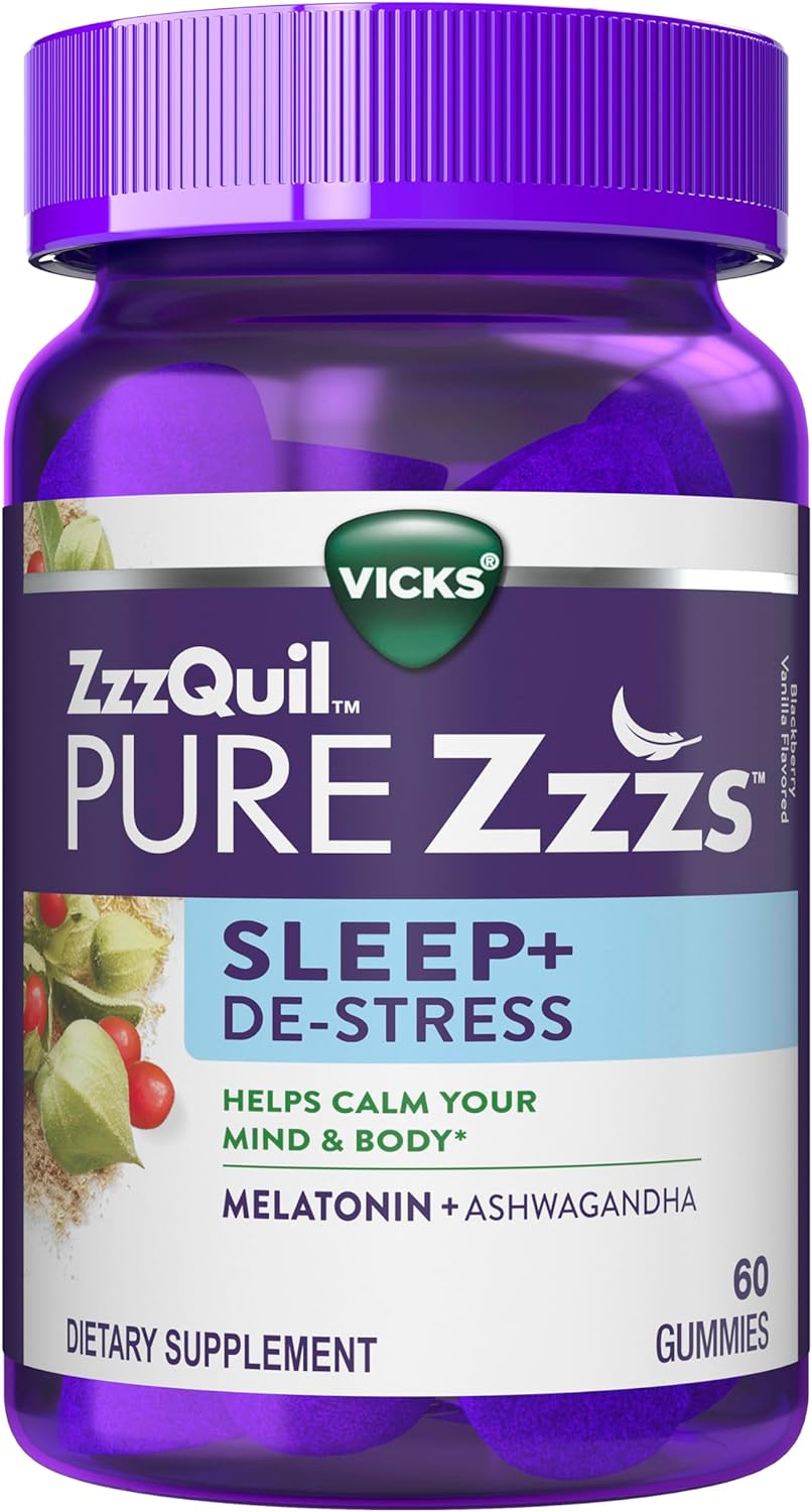 ZzzQuil PURE Zzzs De-Stress Melatonin Sleep Aid Gummies, Helps Calm Your Mind and Body, Ashwagandha for Stress Support, Sleep Aids for Adults, 1 mg per gummy, 60 Count