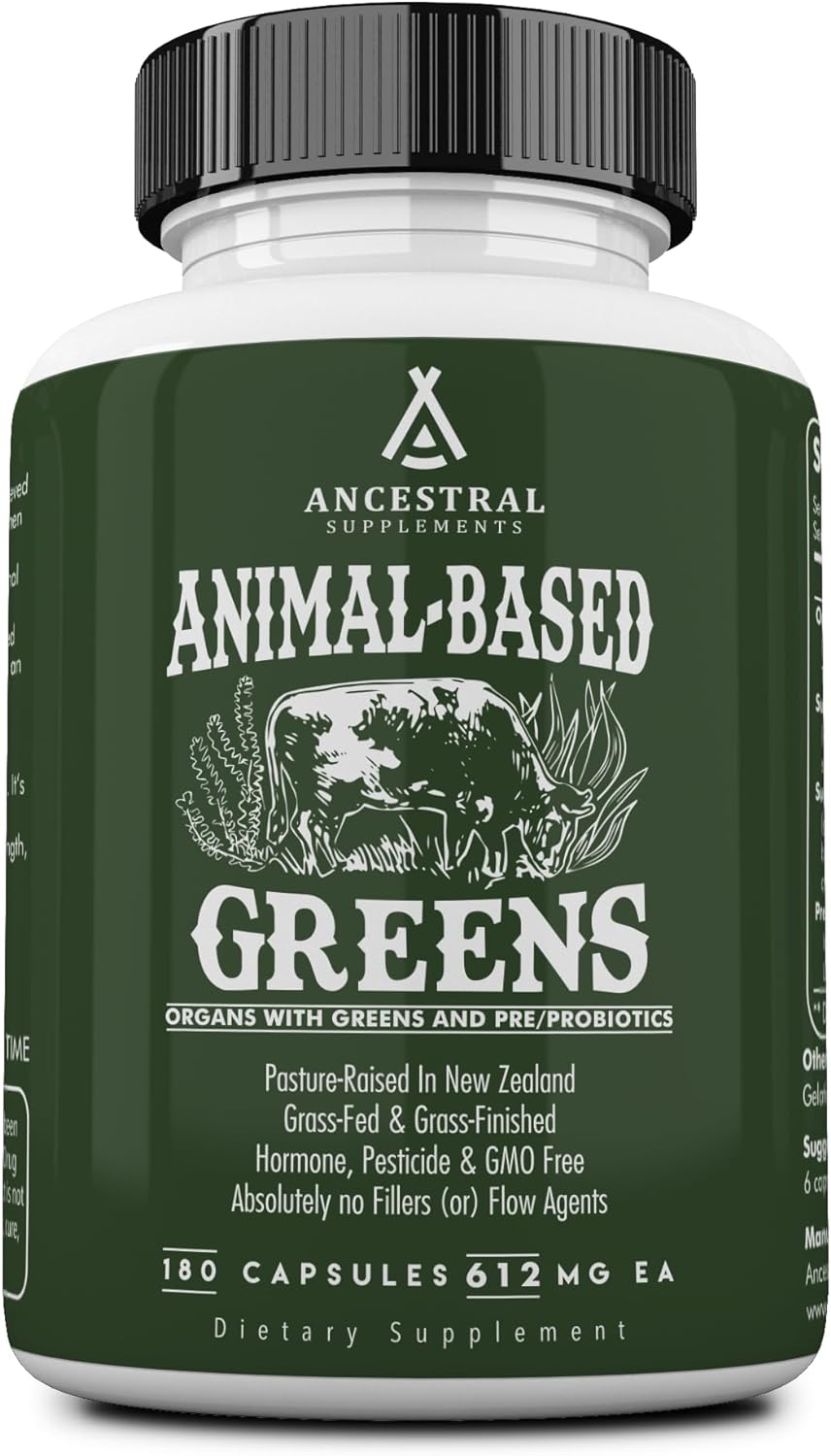 Ancestral Supplements Greens Powder Capsules, Organic Superfood Greens & Reds Blend with Spirulina, Chlorella, Grass Fed Beef Organs, and Probiotics for Gut Health, Non GMO, 615mg Each, 180 Count