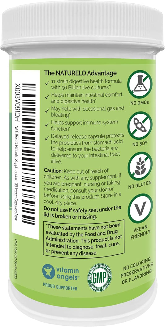 Naturelo Probiotics For Digestive Health - 50 Billion Cfu, 11 Strains Daily Supplement - Boosts Immune System, Delayed Release, 30 Vegetarian Capsules