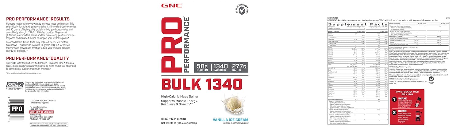 GNC Pro Performance Bulk 1340 - Vanilla Ice Cream, Twin Pack, 9 Servings per Bottle, Supports Muscle Energy, Recovery and Growth : Health & Household