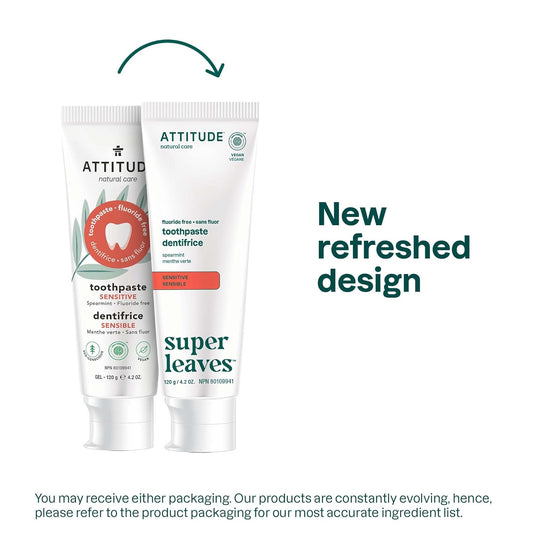 ATTITUDE Fluoride-Free Toothpaste, Plant- and Mineral-Based Ingredients, Vegan, Cruelty-Free and Sugar-Free, Sensitive, Spearmint, 4.2 Oz