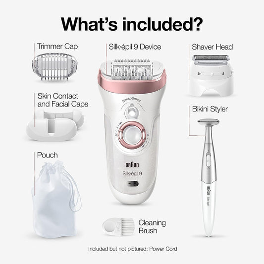 Braun Silk-Épil 9 9-890, Facial Hair Removal For Women, Hair Removal Device, Bikini Trimmer, Womens Shaver Wet & Dry, Cordless And 7 Extras