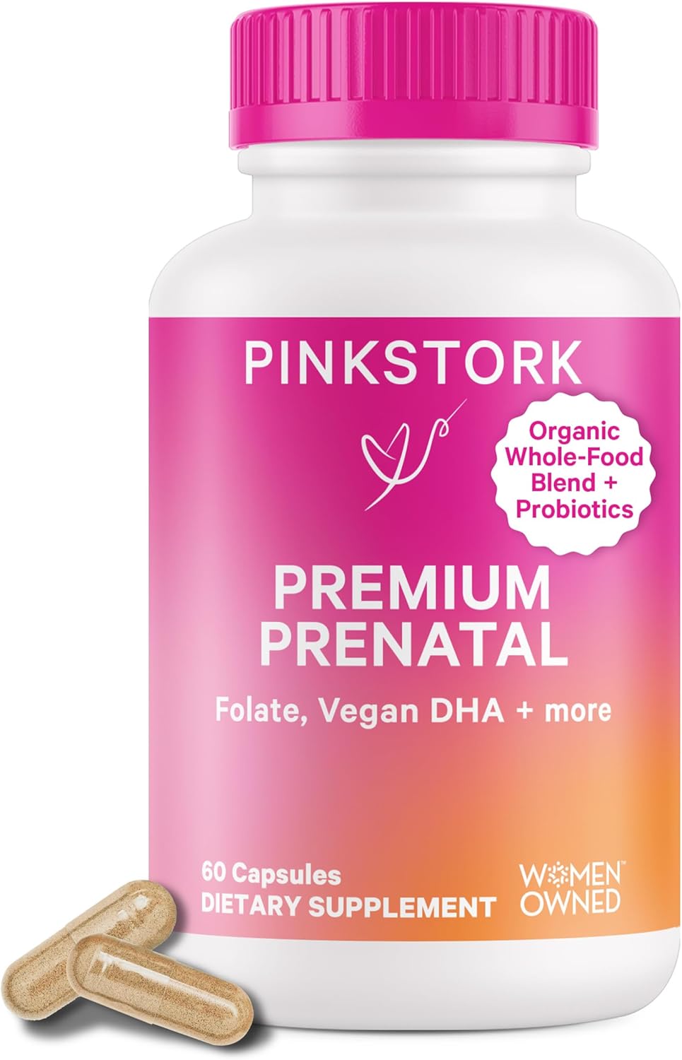 Pink Stork Premium Prenatal Vitamin For Women - 25 Vitamins With Organic Whole-Food Ingredients, & Probiotics - Morning Sickness, Digestion, & Energy - Folate, B6, & Iron - 60 Capsules