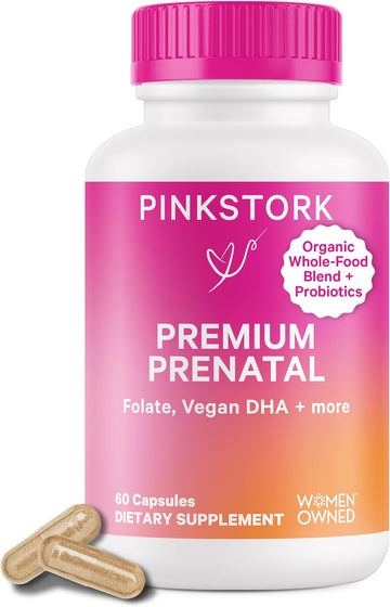 Pink Stork Premium Prenatal Vitamin For Women - 25 Vitamins With Organic Whole-Food Ingredients, & Probiotics - Morning Sickness, Digestion, & Energy - Folate, B6, & Iron - 60 Capsules